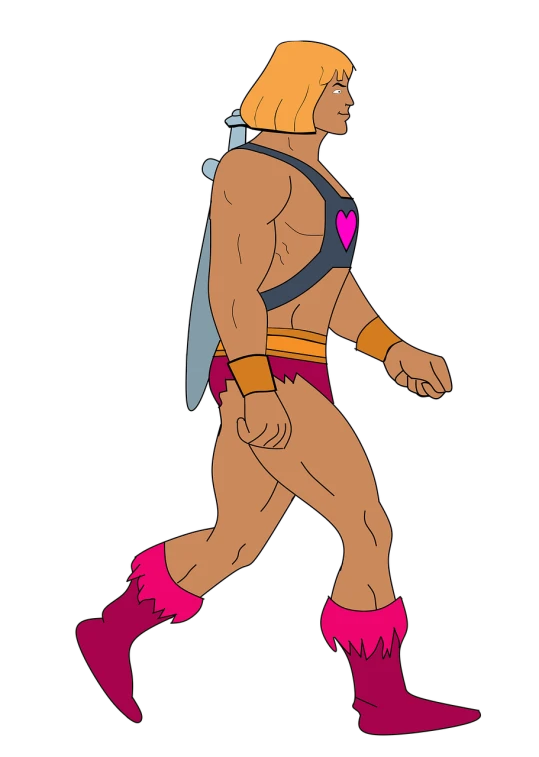 he - man walking with a sword in his hand, tumblr, sots art, pink body harness, !!! very coherent!!! vector art, distant full body view, in the art style of quetzecoatl