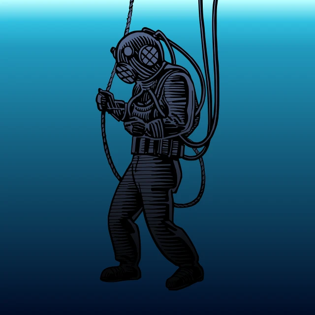 a drawing of a man in a diving suit, inspired by Tim Doyle, shutterstock, dark illustration, rubber hose animation, worksafe. illustration