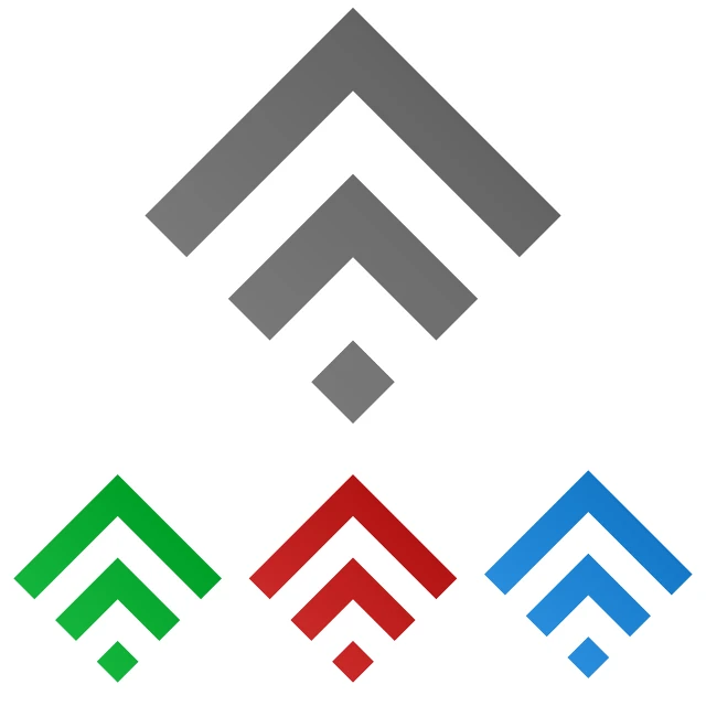 a set of four different colored arrows, by Kinichiro Ishikawa, wifi icon, grey shift, thick squares and large arrows, diamond