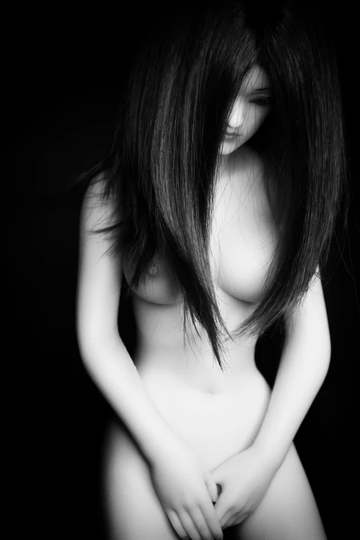 a black and white photo of a naked woman, a black and white photo, by Tadashige Ono, tumblr, sakimi chan, softfocus, yoshinari yoh, sad