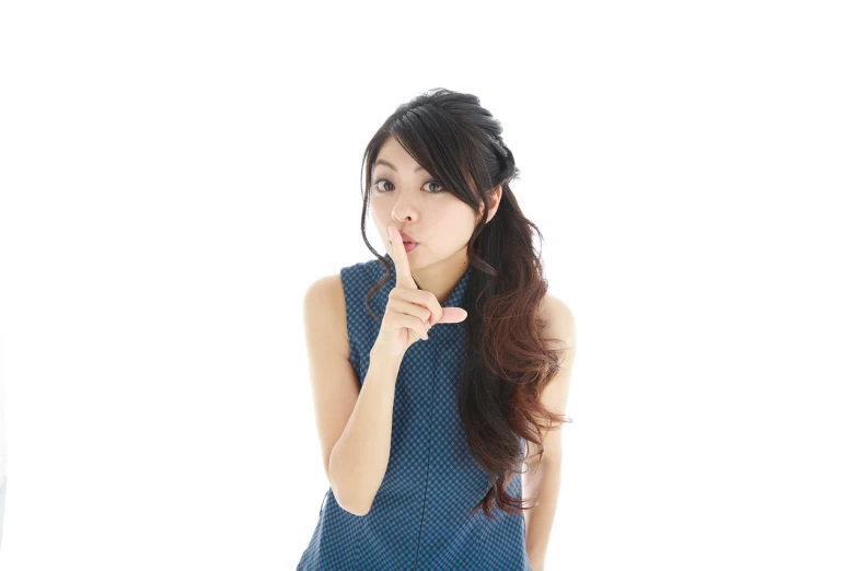 a woman holding her finger to her lips, a stock photo, by Kinichiro Ishikawa, shutterstock, on white background, bae suzy, amusing, top secret style photo