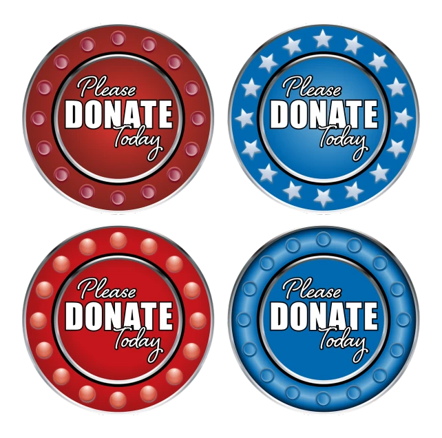 four buttons with the words please donate today, please donate today, please donate today and please donate today, by Dietmar Damerau, pop art, blue and red two - tone, 84mm, rounded, decorative