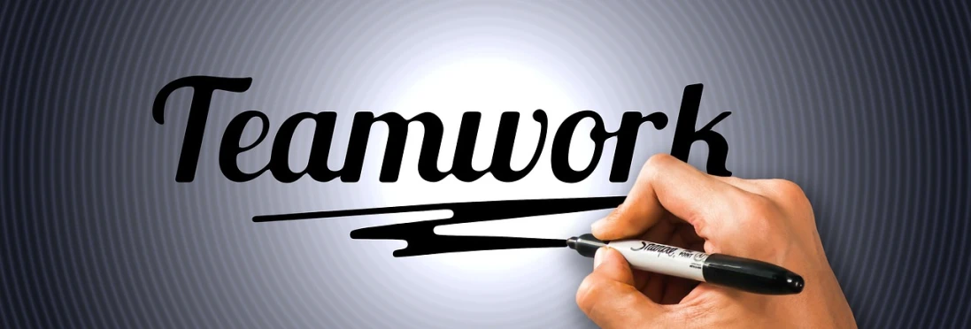a hand writing the word teamwork with a marker, a drawing, inspired by Bill Ward, trending on pixabay, symmetrical logo, highly detailed amour, style of raymond swanland, wok