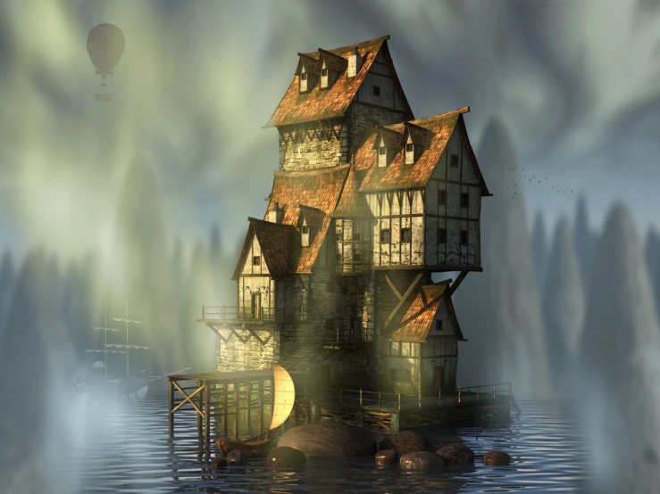 a house in the middle of a body of water, fantasy art, dense volumetric fog, very detailed and high quality, urban fantasy setting, steampunk setting