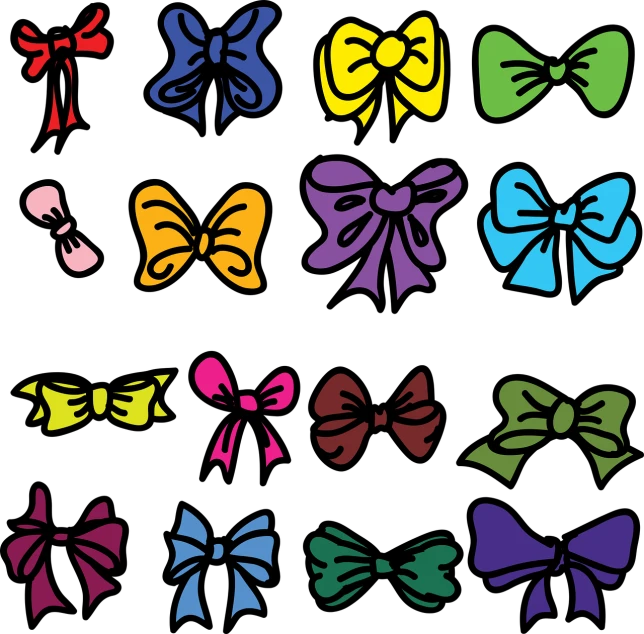 a bunch of different colored bows on a black background, vector art, pixabay, toyism, outlined silhouettes, cutie mark, drawn in microsoft paint, : :