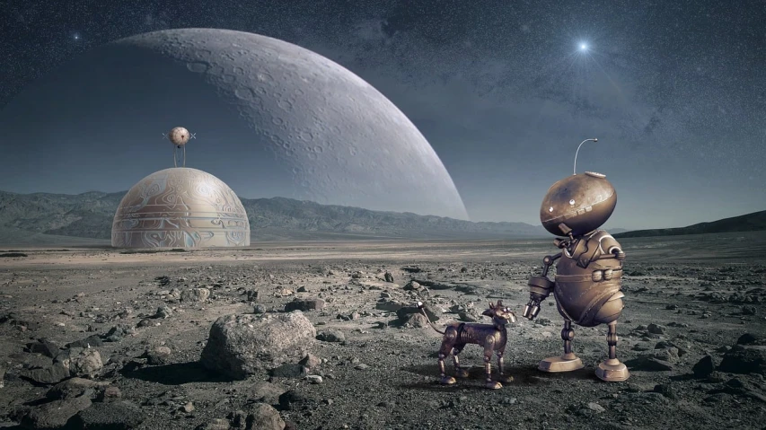 a robot that is standing in the dirt, a matte painting, cgsociety contest winner, surrealism, riding a horse on the moon, dog in a space suite, photo of a dyson sphere, scifi farm