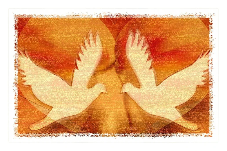 two white birds flying next to each other, an illustration of, by Fede Galizia, trending on pixabay, sots art, feet and hands, warm color scheme art rendition, displayed on an altar, world peace