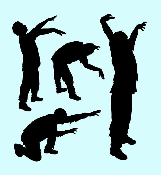 silhouettes of people in various poses on a blue background, zombie in horror concept art, black teenage boy, head down, 5 fingers). full body