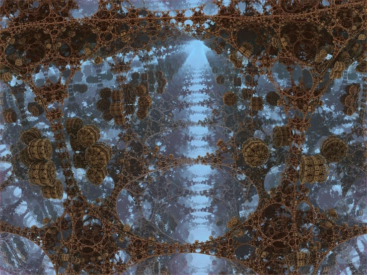 a computer generated image of a snow covered forest, inspired by Benoit B. Mandelbrot, rusty chain fencing, mirrored, chocolate. intricate background, infinite corridor