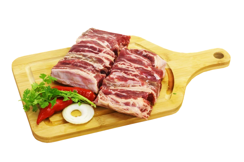 a piece of meat sitting on top of a cutting board, shutterstock, dau-al-set, ribs, high quality product photo, on black background, malaysian