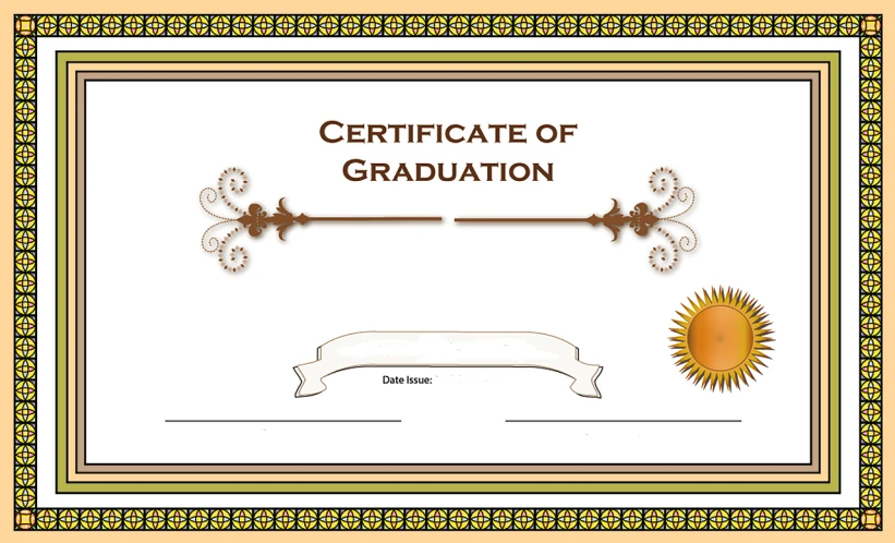a certificate of graduation on a white background, by Brenda Chamberlain, pixabay, academic art, ornate with gold trimmings, hot sun, brown:-2, jade