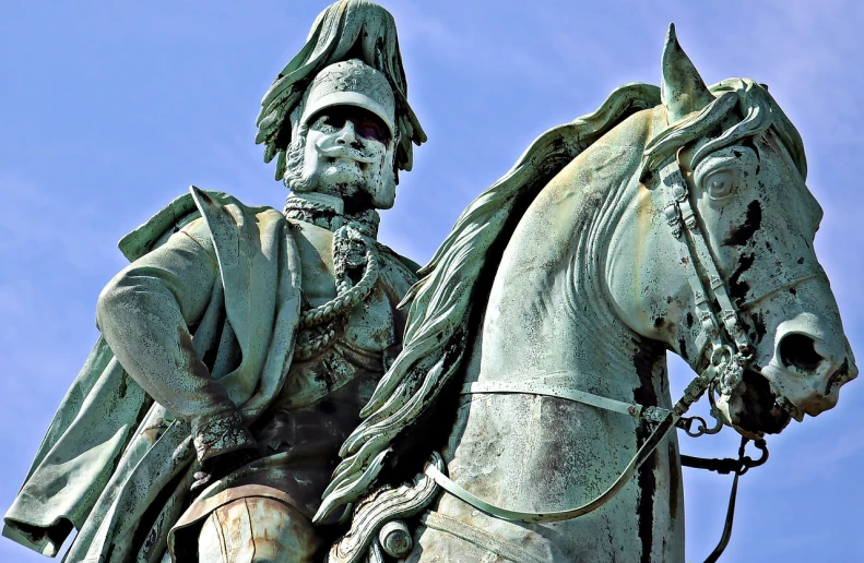 a statue of a man riding on the back of a horse, inspired by Prince Hoare, pixabay, figuration libre, closeup of the face, portrait of a napoleonic admiral, alphonse musha, !!beautiful!!