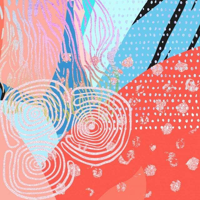 a colorful abstract painting with swirls and dots, an abstract drawing, inspired by Sigmar Polke, trending on shutterstock, abstract art, mixed media style illustration, melting in coral pattern, holographic design, 3d grainy aesthetic illustration