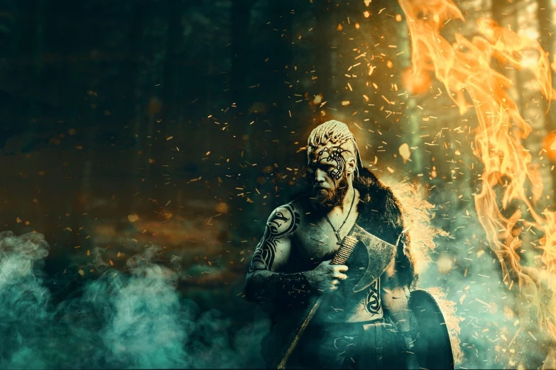 a woman that is standing in front of a fire, fantasy art, portrait of a male warrior, creative photo manipulation, bearded man seated on a throne, return of the king. cinematic