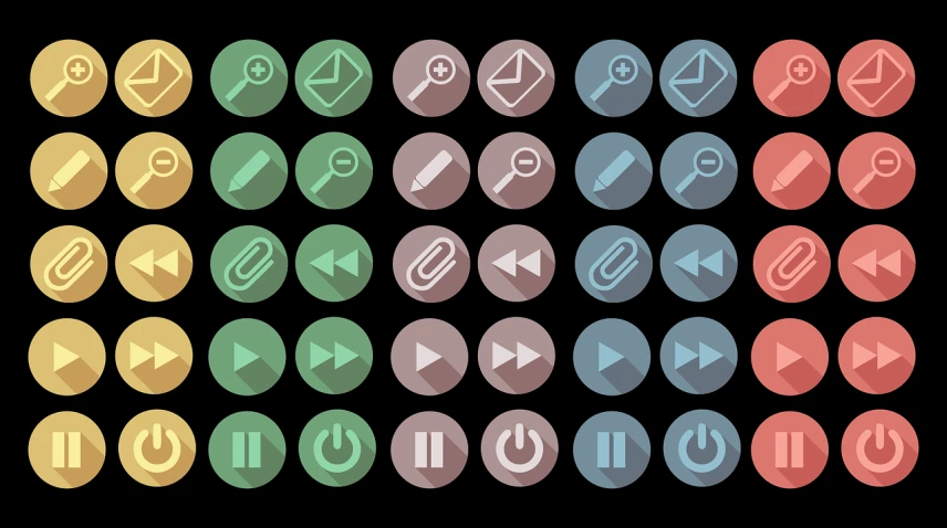 a bunch of different colored buttons on a black background, vector art, computer art, shaded flat illustration, ios icon, muted and dull colors, toggles
