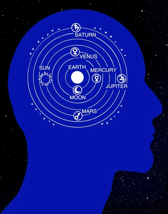 a man's head with a diagram of the planets in it, an illustration of, mystic illustration, blue, solar mythos, [[fantasy]]