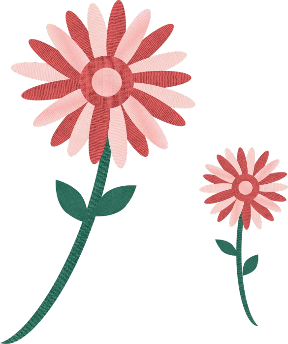 a couple of pink flowers sitting next to each other, a digital rendering, folk art, loosely cropped, paul rand, with a black background, daisy