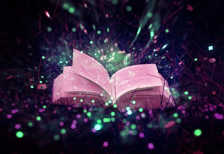 an open book sitting on top of a lush green field, a storybook illustration, shutterstock, magical realism, purple sparkles, neon light and fantasy, fairy dust, post processed