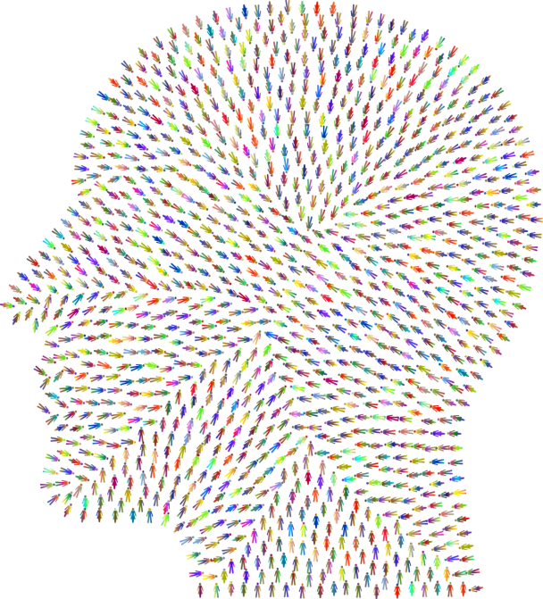 a multicolored image of a man's head on a black background, generative art, with colorfull jellybeans organs, tesselation, human silhouette, repetitive
