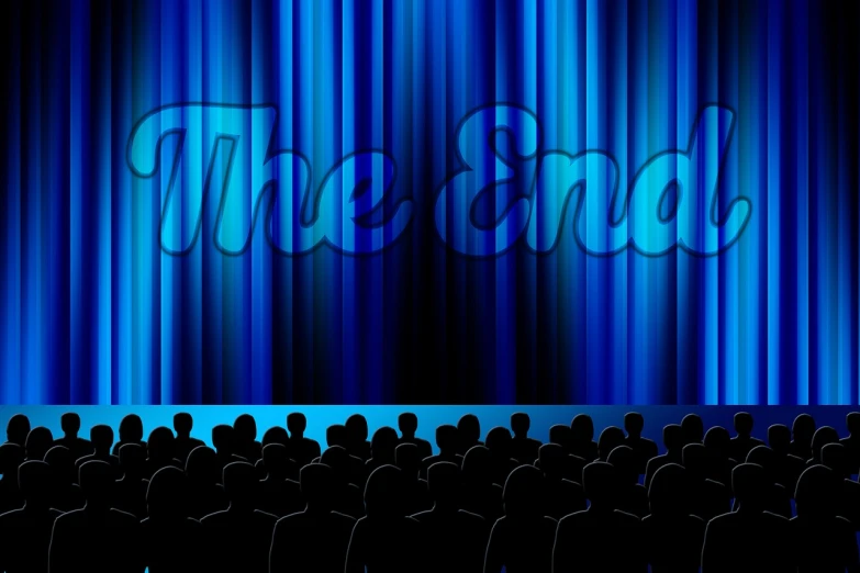 a group of people sitting in front of a stage, a cartoon, by Elaine Hamilton, shutterstock, incoherents, \'the end, cinematic blue lighting, the end of the word, background made of big curtains