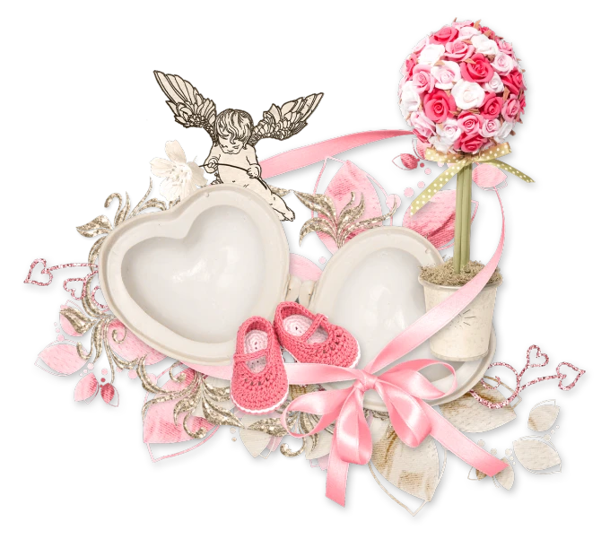 a couple of hearts sitting on top of a table, digital art, by Marie Angel, ribbons and flowers, pregnancy, beautiful frames, lots de details