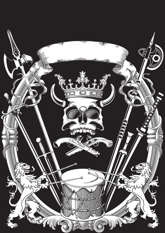 a skull in a crown surrounded by swords and a drum, a portrait, inspired by Robert Walker Macbeth, baroque, whole page illustration, masterpiece illustration