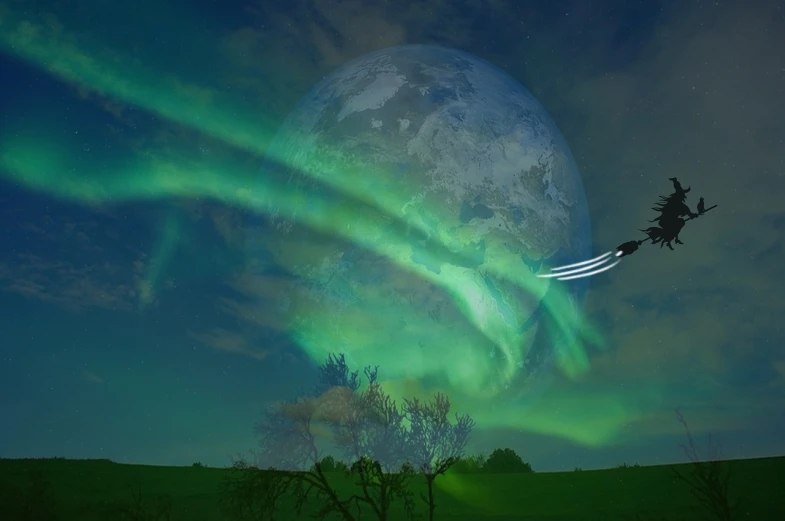 a plane flying in the sky with the moon in the background, a matte painting, inspired by Johfra Bosschart, pixabay contest winner, digital art, northern lights, green aura, earth goddess mythology, light streaks in the sky