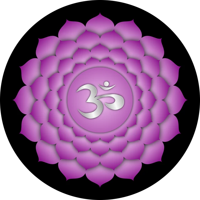 a lotus flower with an om sign in the middle, a digital rendering, hurufiyya, black and purple rose petals, vector, chrysanthemum, aura