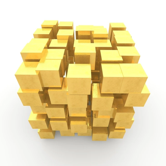 a group of golden cubes sitting on top of each other, cubo-futurism, on a white background, golden organic structures, coherent photo, puzzle