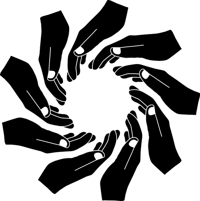 a group of people holding hands in a circle, lineart, by Itō Seiu, conceptual art, the background is black, black hole, beautiful hands, ms paint drawing