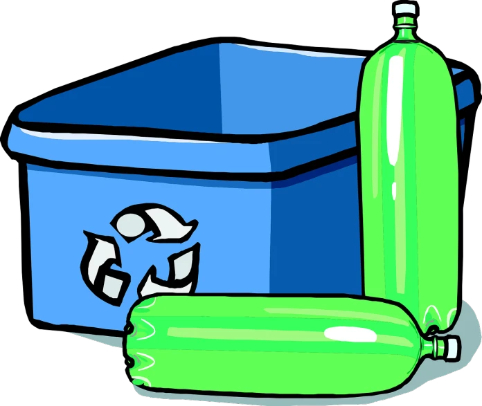 a green recycler next to a blue trash can, vector art, pixabay, conceptual art, bottles, pickle rick, black blue green, freezing