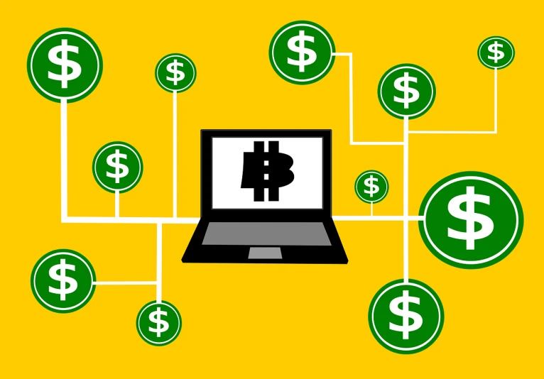 a laptop with a bitcoin on the screen surrounded by dollar signs, by Whitney Sherman, computer art, black and yellow scheme, connected, on simple background, borg