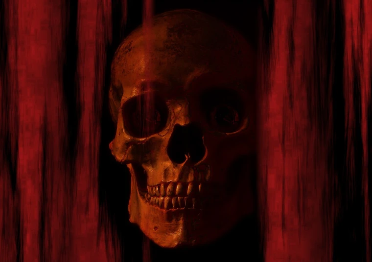 a close up of a skull on a red curtain, a digital rendering, very scary photo, photo shot, computer generated, 40k