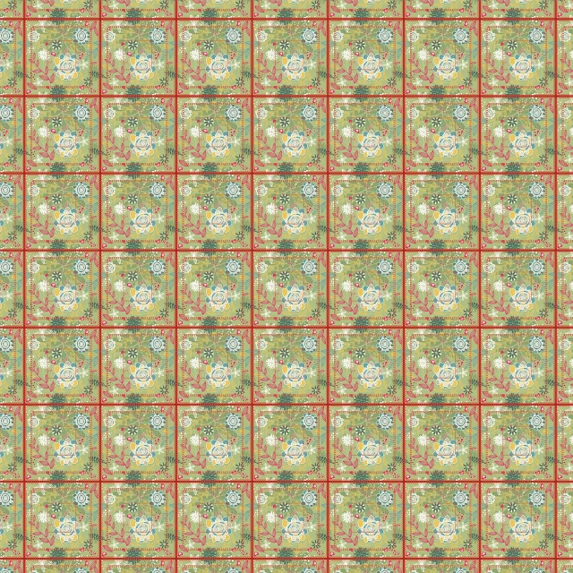 a green and red checkered pattern with flowers, a mosaic, inspired by Giotto, generative art, background: assam tea garden, red orange blue beige, [ overhead view ]!!, ukiyoe