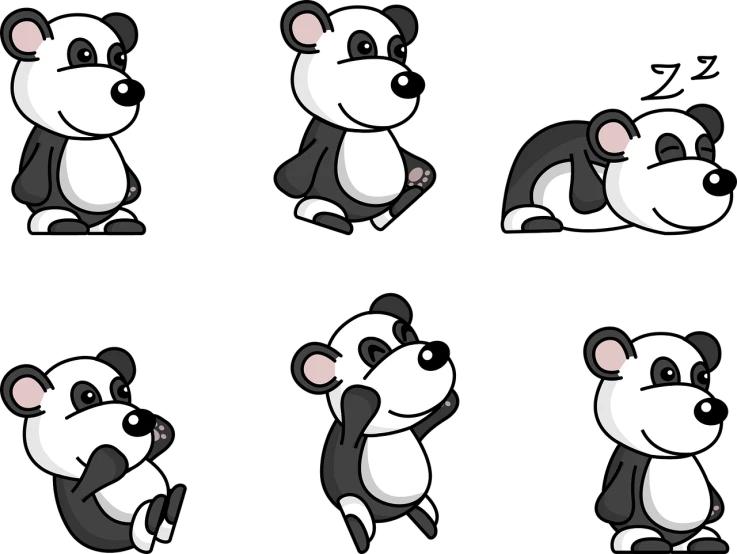 a group of panda bears sitting next to each other, vector art, inspired by Zhu Da, deviantart, with a black background, nine separated hd, hamster, mario sprite sheet walk cycle