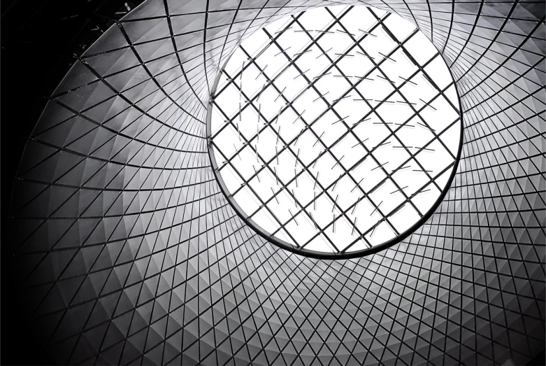 a black and white photo of the inside of a building, inspired by Buckminster Fuller, pexels, light and space, new york, detailed grid as background, rounded ceiling, istock