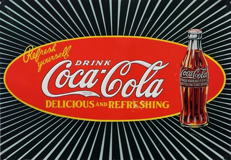 a coca cola sign sitting on top of a table, a photorealistic painting, inspired by Dorothy Coke, pixabay, pop art, on black background, 1960s advertisement, detailed color scan, smile 1950s