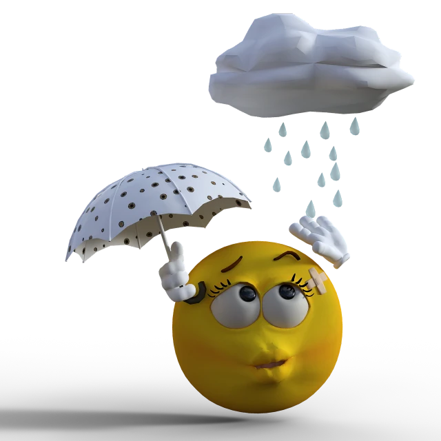 a smiley face holding an umbrella in the rain, a digital rendering, a sad cheese puppet, on black background, watch photo