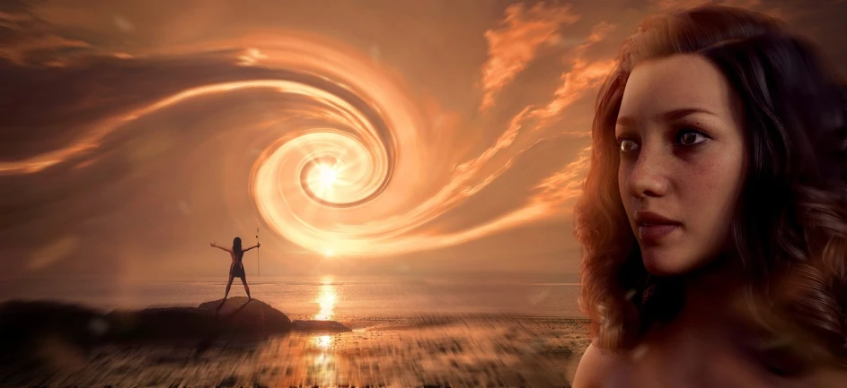 a woman standing on top of a beach next to a body of water, digital art, pixabay contest winner, pulled into the spiral vortex, epic red - orange sunlight, fragile girl holding an arrow, photo of a beautiful