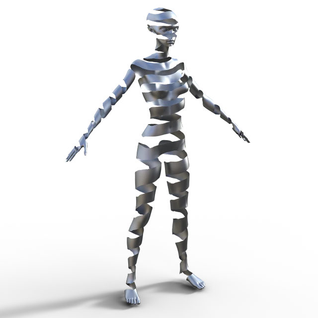 a close up of a person wearing a body suit, a raytraced image, inspired by Sir Jacob Epstein, polycount contest winner, new sculpture, glossy metallic human spine, standing with a black background, women full body, mummy