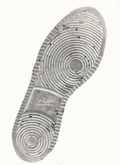 a black and white photo of a pair of shoes, a stipple, by Dean Ellis, conceptual art, nike logo, detailed color scan, footprints, grained risograph