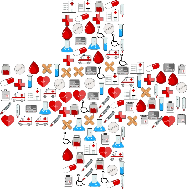 a cross made of medical icons on a black background, vector art, by Bernardo Daddi, pixabay, pixel art, crimson - black color scheme, sticker design vector