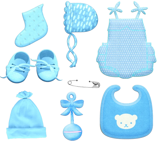 a collection of baby items on a black background, a digital rendering, by Linda Sutton, pixabay, paint tool sai!! blue, blue uniform, scrapbook, material art