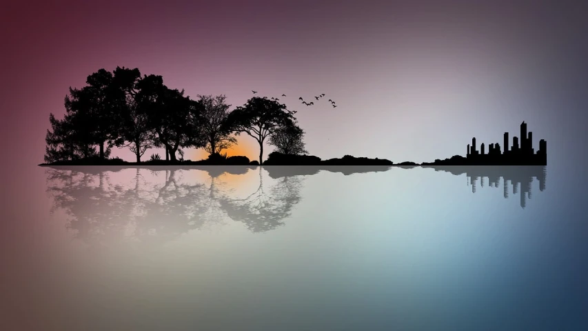 a group of trees sitting on top of a body of water, a picture, inspired by Samuel Silva, minimalism, amoled wallpaper, reflective gradient, birds and trees, beautiful colors