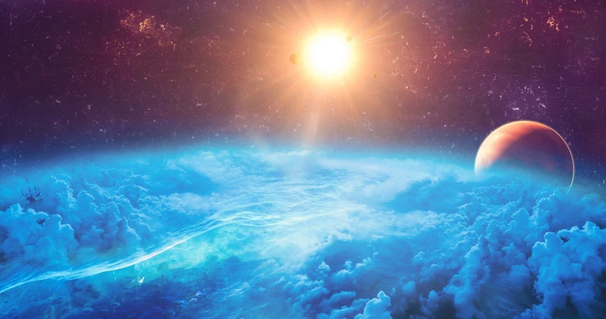 an image of a planet with a sun in the background, concept art, light and space, bright blue future, consciousness rising, over the ocean, as seen from space