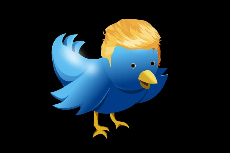 a blue bird with a blonde hair on it's head, a cartoon, pixabay, digital art, handsome donald trump, on a black background, hashtags, !!! very coherent!!! vector art