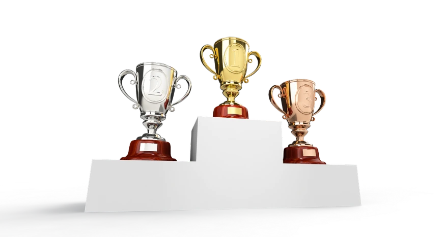 a group of three trophies sitting on top of a table, digital art, 3 d white shiny thick, winning photo, various colors, “ golden cup