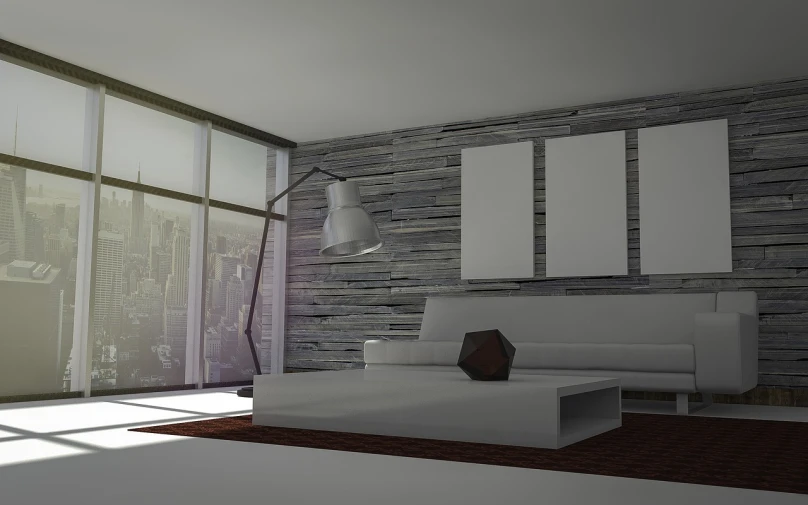 a white couch sitting in a living room next to a window, a 3D render, inspired by Michael Gustavius Payne, polycount contest winner, wood panel walls, studio hdri soft lighting, picture of a loft in morning, darkslategray wall