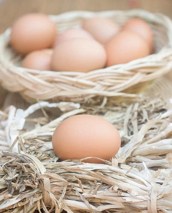 a couple of baskets filled with eggs on top of a table, a stock photo, by Stefan Gierowski, shutterstock, straw, close up image, brown, chicken