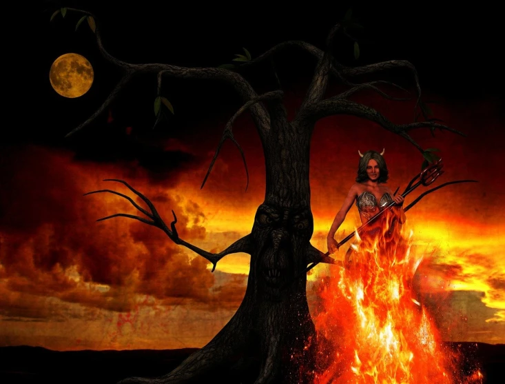 a woman that is standing in front of a tree, by Ramón Silva, pixabay contest winner, fantasy art, hell fire, fire from sky, 3 d goddess minerva, the devil